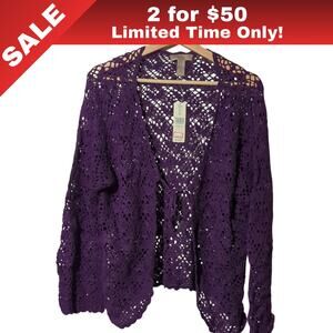 [Sale: 2 for $50!] NWT Purple Crocheted Tie-Front Cardigan,  i.e. Woman, 2X 0034